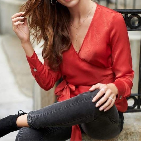 Dynamite Red Satin Wrap Blouse - Picture 1 of 4